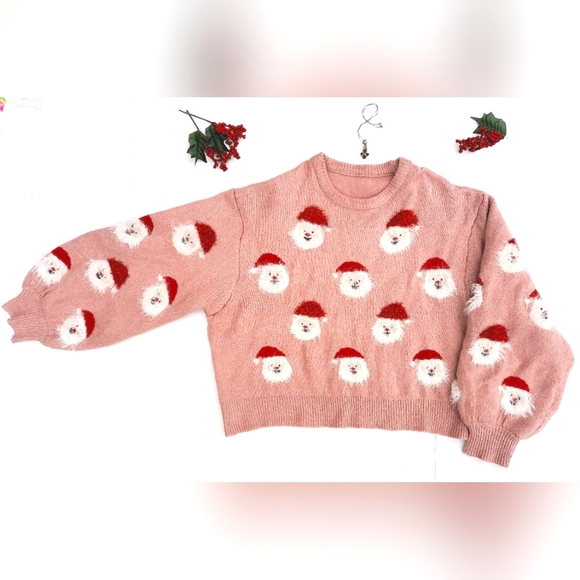 🎅 Christmas Sweater, Fuzzy Santas, Dusty Rose - Picture 2 of 7